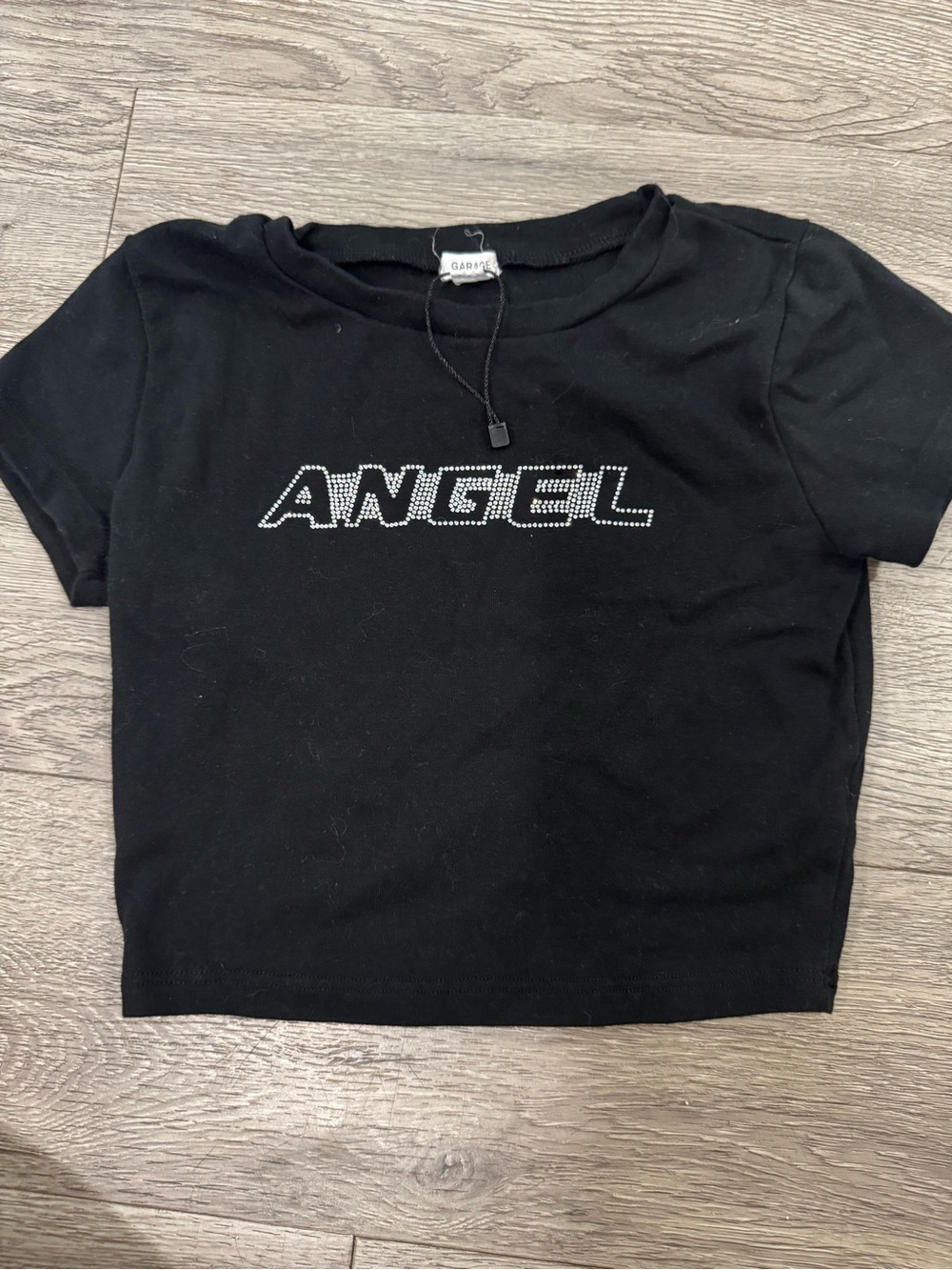 Garage Black Crop Top with Rhinestone ANGEL Graphic